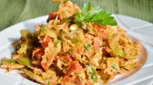 Shredded Brussels Sprout Salad with Roasted Red Pepper Aioli